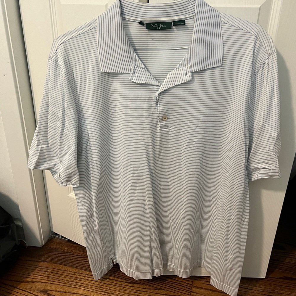Bobby James light blue and white stripe golf polo size xl